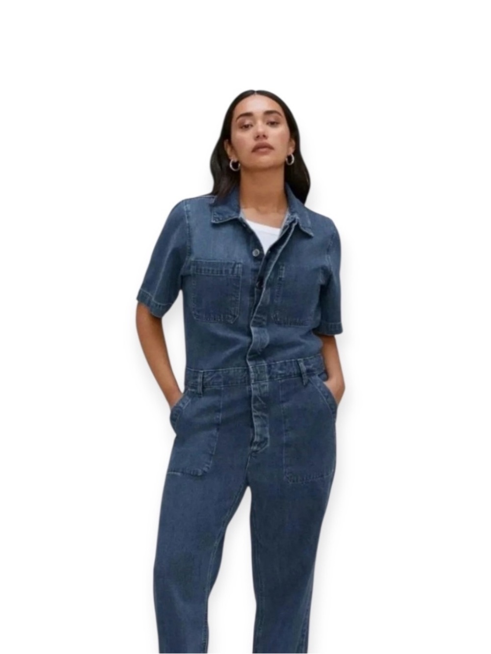 EVERLANE Blue Denim Short-Sleeved Coverall Button-Up Straight Leg Jumpsuit